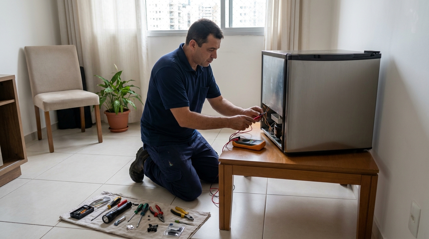 Técnico realizando manutenção de motor de frigobar no Jardim Morumbi, Ribeirão Preto‑SP