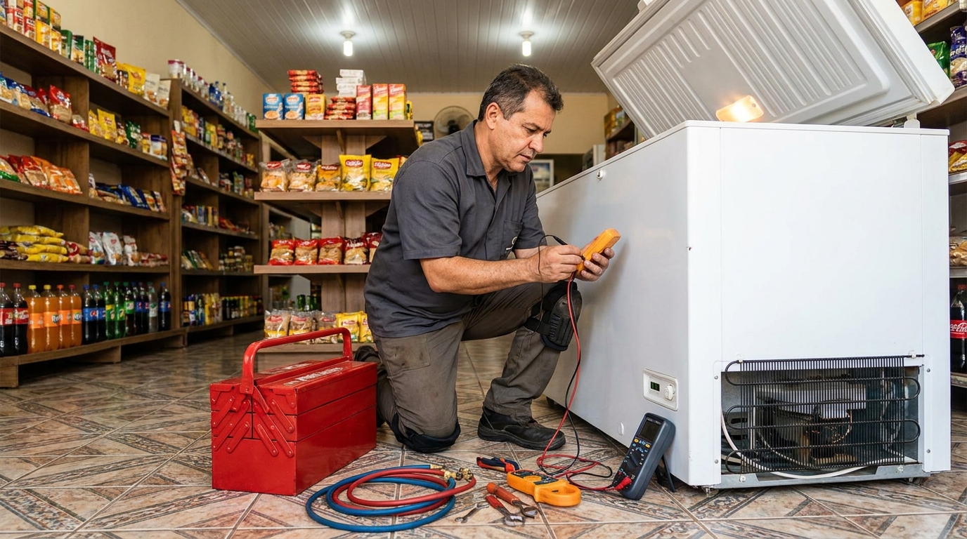 Recarga de gás refrigerante em freezer em atendimento no Condomínio Caimbé, Ribeirão Preto‑SP