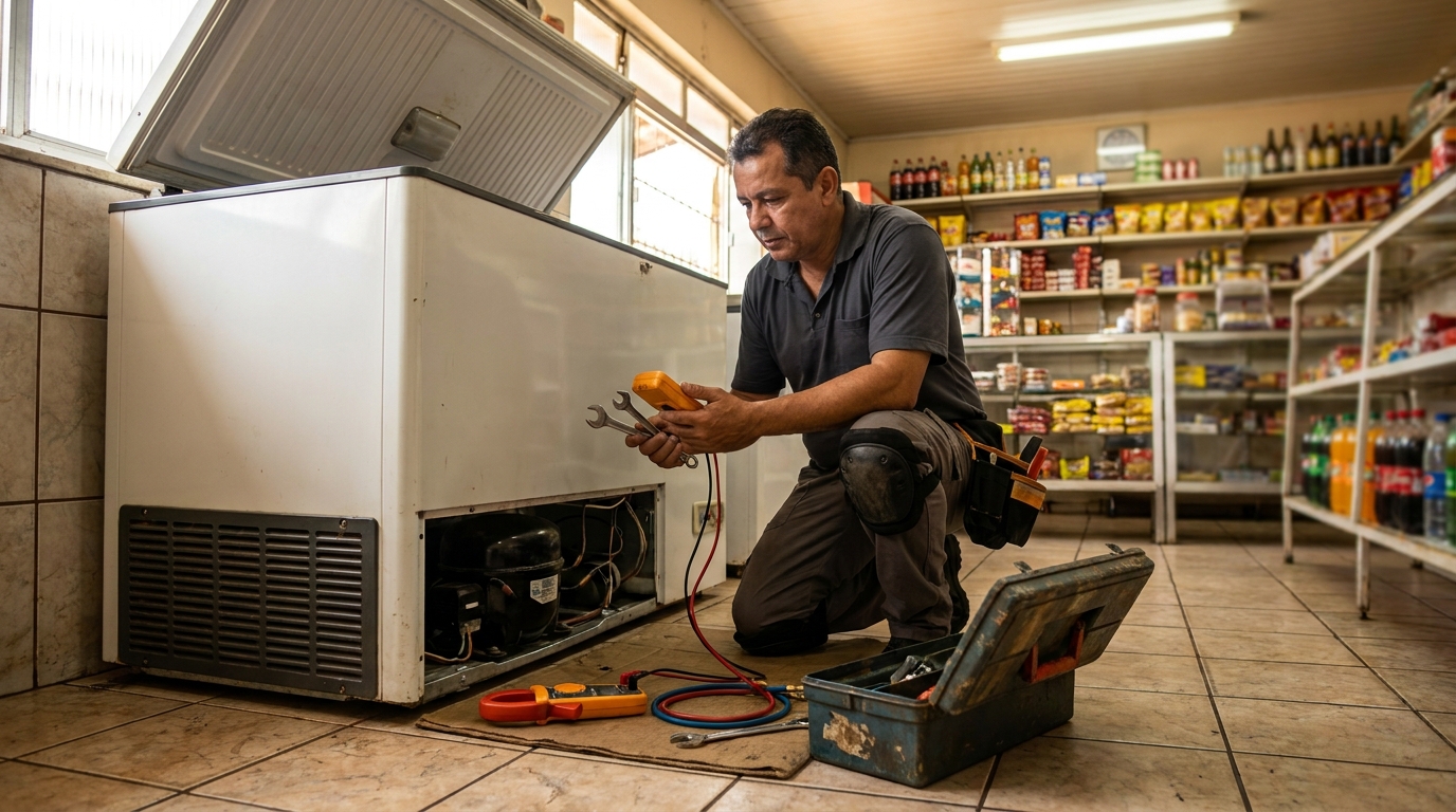Técnico de conserto de freezer em residência no Condomínio Caimbé, Ribeirão Preto‑SP