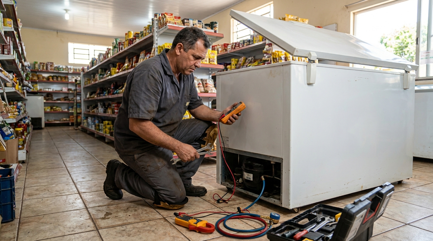 Troca de termostato de freezer em atendimento técnico no Condomínio Caimbé, Ribeirão Preto‑SP